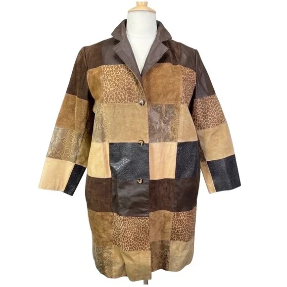 Via Accenti Vtg Patchwork Leather Animal Print Coat Brown Tan Sz 16W / 18W Y2K - Picture 2 of 6
